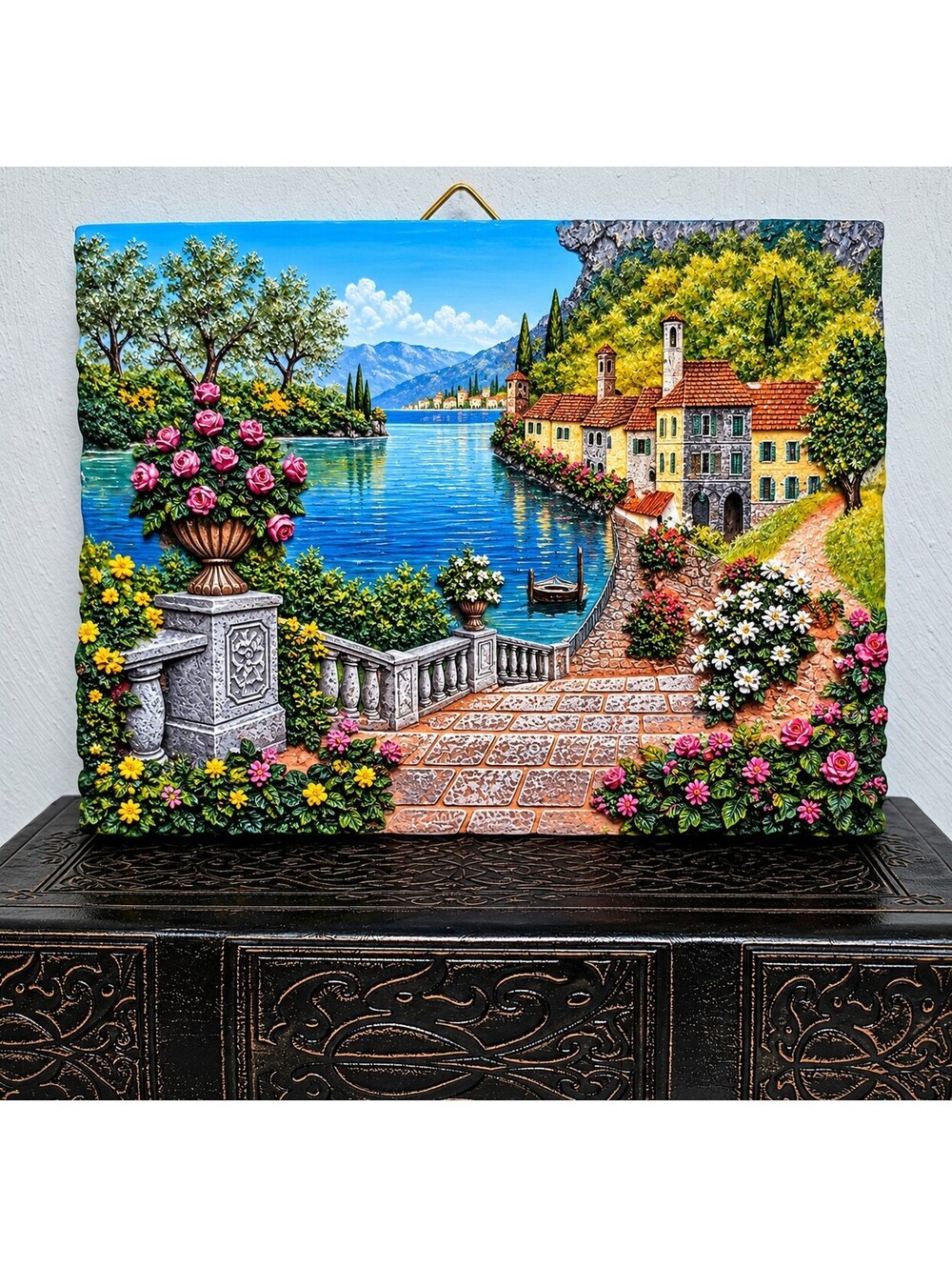 Vintage 3D Relief Wall Plaque Italian Villa Lake Garden Cottagecore Art-HD005